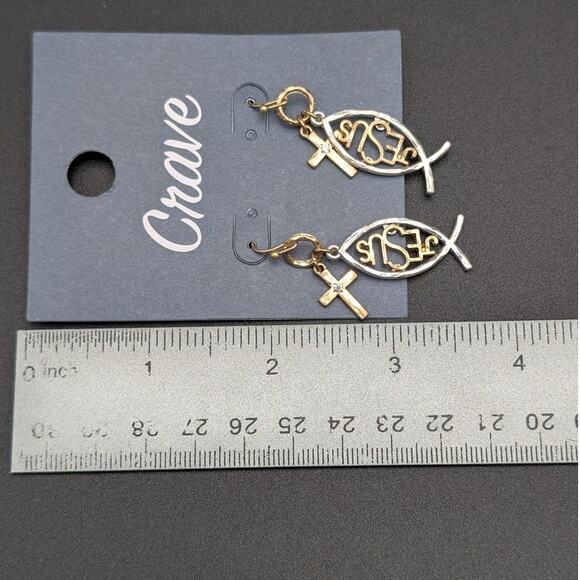 Crave Earrings Jesus Fish Ichthys Cross Dangle Religious Christian Jewelry Gift - Picture 3 of 4